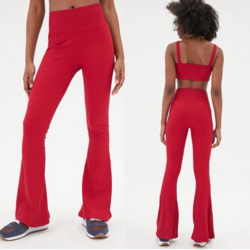 Year Of Ours Ribbed Flare Split Hem High Rise Flight Pants Red